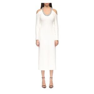 DAVID KOMA Womens White Crystal Long Sleeve Midi Evening Sheath Dress 6